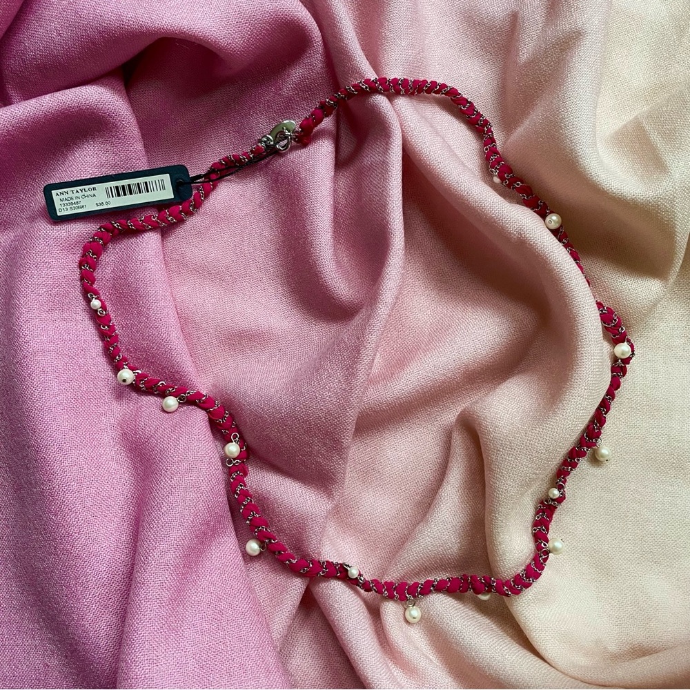 Ann Taylor Pink Cord & Pearl Chain Necklace | Mixed Media Statement Jewelry